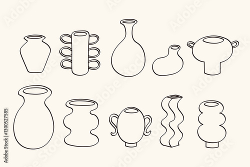 Vector set with sketches of Ceramic Vases and terracotta pots. Collection with different Pottery Clay Jar in line art style. Hobby and 
crockery decor. Hand Drawn Illustration on isolated background 