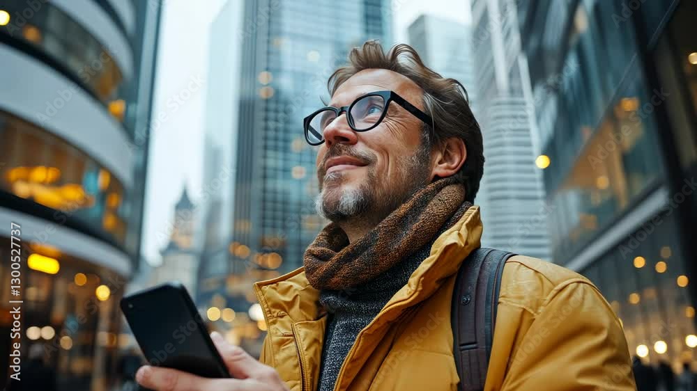 Man in City Using Smartphone, Urban Lifestyle, Winter Day