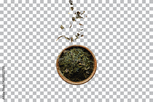 Loose Green Tea in Spoon and Bowl isolated on transparent background