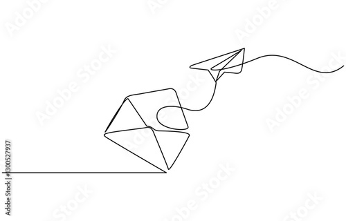 Continuous one line drawing of envelope mail with airplane paper, Continuous single line sketch drawing of envelope mail with flying paper plane sending letter and email message concept.