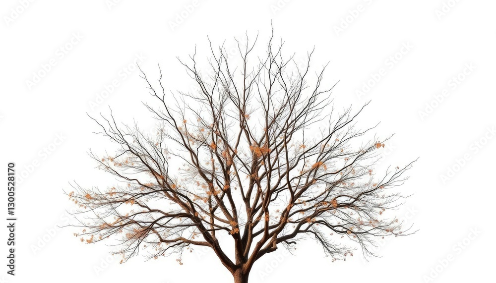 Fototapeta premium Lone deciduous tree, stark branches against pure white, background, wood