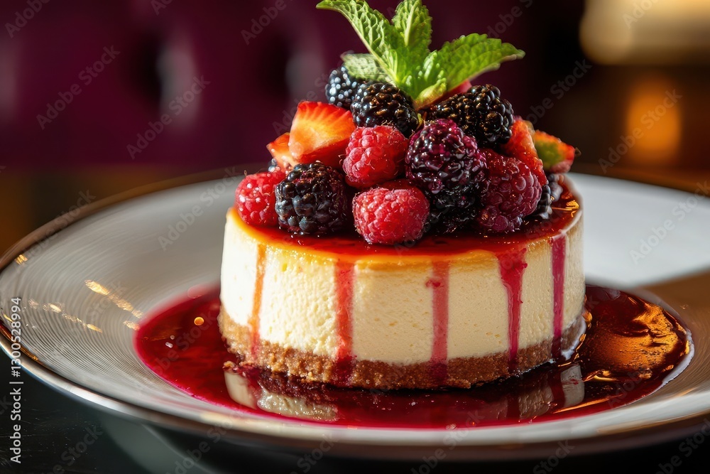 a decadent cheesecake topped with fresh mixed berries and mint leaves drizzled with honey photographed in dramatic side lighting a decadent cheesecake topped with fresh mixed berries and mint leaves drizzled with honey photographed in dramatic side lighting