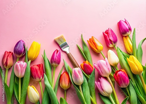 Pastel pink tulips in a minimalist flat lay, showcasing a spring-inspired paintbrush floral design.