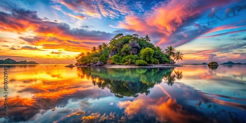 Phuket's idyllic beach, bathed in sunset's glow, reflects a tropical paradise panorama. photo