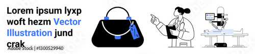 Handbag with tags, female scientist holding tablet, microscope setup. Ideal for science, research, laboratory work, shopping, fashion, technology flat landing page banner