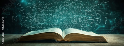 Open Book with Abstract Scientific Formula Background and Light
