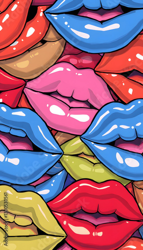 Collection of shiny lucious plastic lips in a jumbled group - closeup and colorful, hand-drawn digital illustration. with white shades