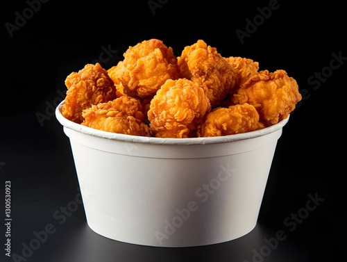 Crispy fried chicken in a classic white paper bucket. 