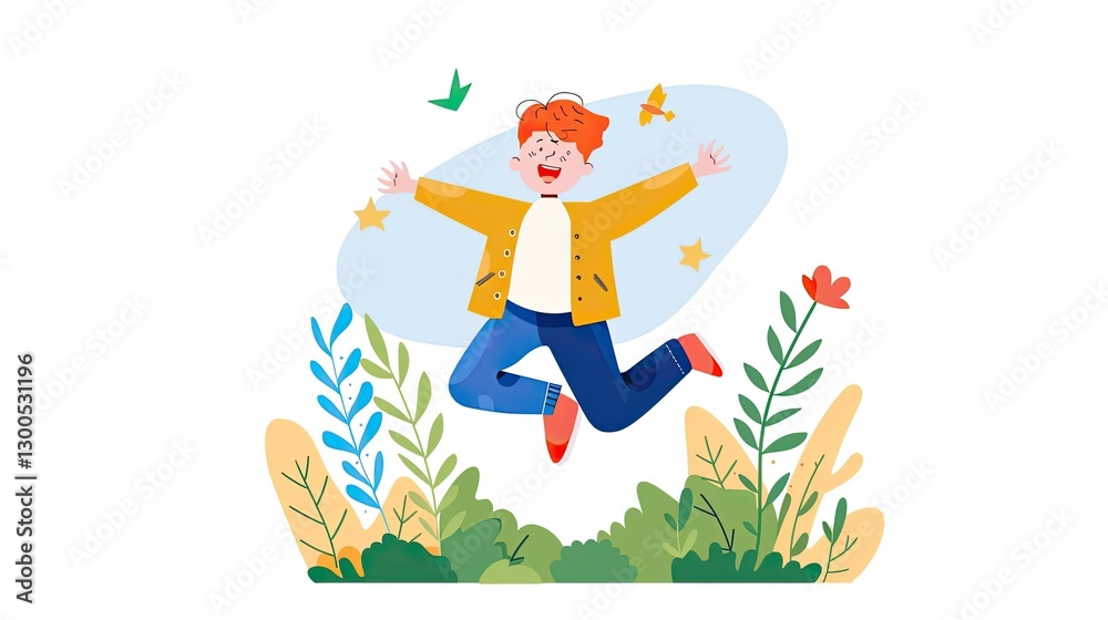 Fototapeta premium Joyful child leaping amidst vibrant plants outdoor illustrative artwork whimsical playful spirit
