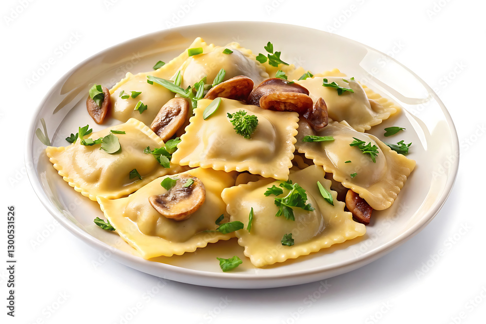 delicious plate of mushroom ravioli image isolated on white delicious plate of mushroom ravioli image isolated on white