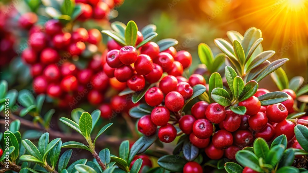 Lush red berries clustered on vibrant green foliage, bathed in the warm glow of sunlight, a picturesque autumnal scene. Lush red berries clustered on vibrant green foliage, bathed in the warm glow of sunlight, a picturesque autumnal scene.