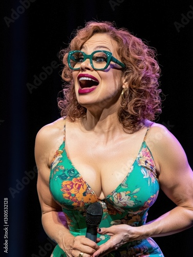 Female Comedian Performing on Stage with Microphone in Floral Dress and Glasses