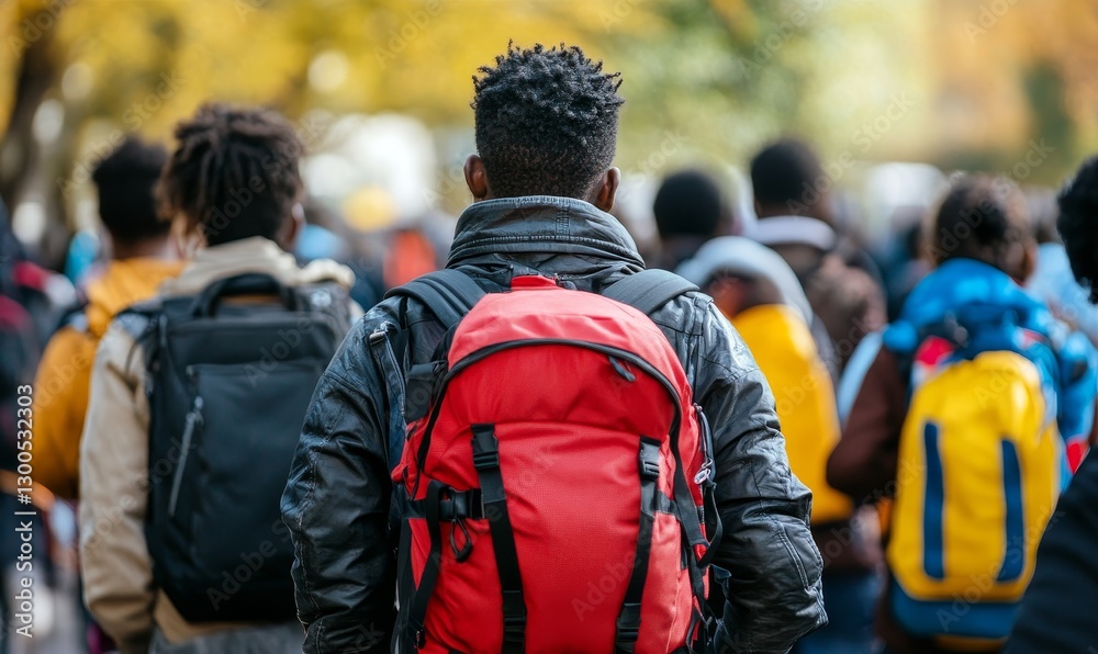 Backpacks crowd people walking through a blur of autumn foliage. Backpacks crowd people walking through a blur of autumn foliage.