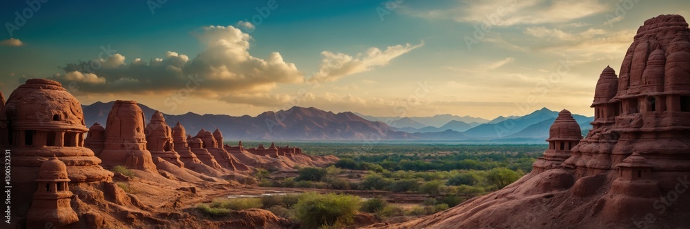 Fototapeta premium Ancient Temples Landscape Panorama. Mountains, Desert Vista and Cloudy Sky Horizon