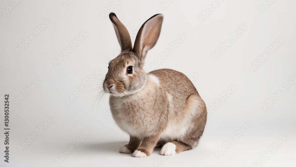 Fototapeta premium Cute Rabbit Portrait. Brown Bunny with Long Ears on White Background, Adorable Pet