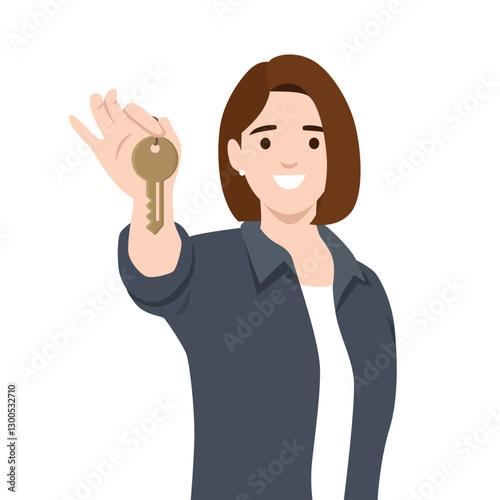 Woman confidently holds up a key, symbolizing homeownership, or a new beginning. Flat vector illustration isolated on white background