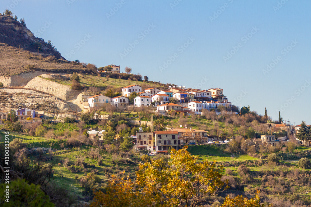 View of hill with Lefkara Village in sunny weather in January. Larnaca district, Cyprus View of hill with Lefkara Village in sunny weather in January. Larnaca district, Cyprus
