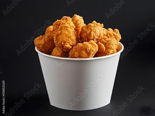 Crispy fried chicken in a classic white paper bucket. 
