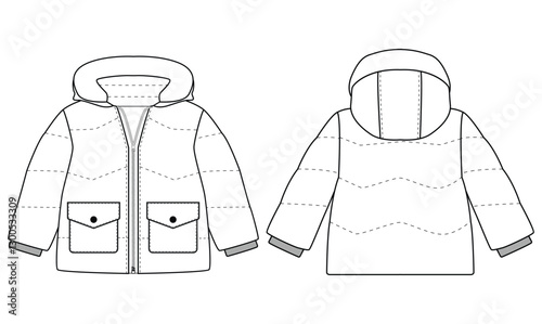 Baby Boys Girls puffer jacket Hoods vector Mockup Coat template design	