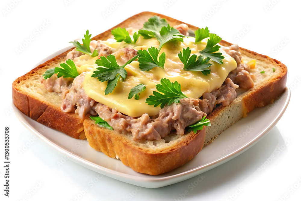 delicious plate of toast with tuna and melted cheese image on white delicious plate of toast with tuna and melted cheese image on white