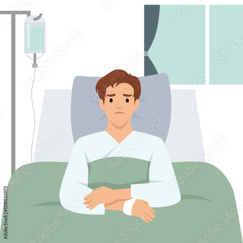 Sick Man in Hospital Bed wearing a hospital gown, connected to an IV drip in a hospital room. Flat vector illustration isolated on white background