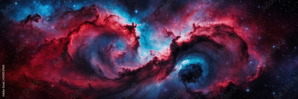 Cosmic Nebula Dreamscape.  Galactic Clouds in Crimson and Azure Depths, Stellar Nursery in Vast Universe