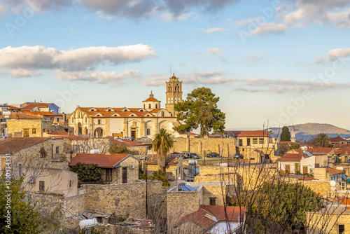 View of Church of the Holy Cross in the center of Lefkara Village at sunset in wintertime.  January. Larnaca district, Cyprus