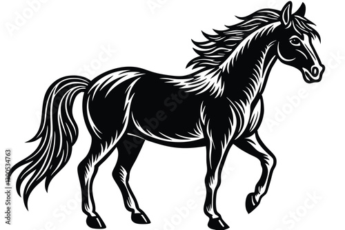 a black and white drawing of a horse