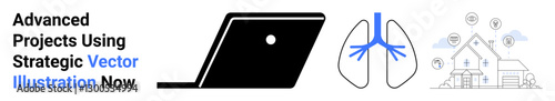 Simplistic laptop outline, human lungs structure, and connected smart home with networking icons. Ideal for tech, healthcare, IoT, remote work, medical research, connectivity abstract line flat