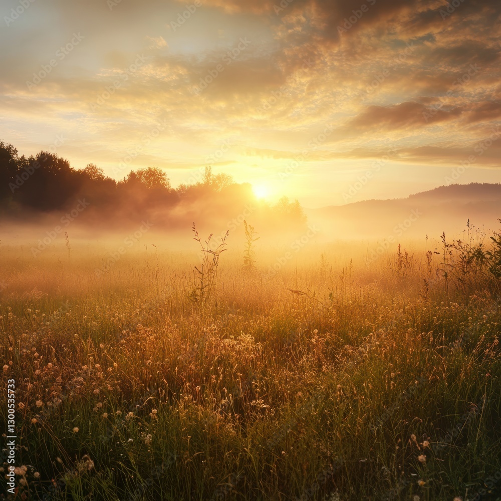 Obraz premium Tranquil Sunrise Over Misty Field with Golden Light and Nature