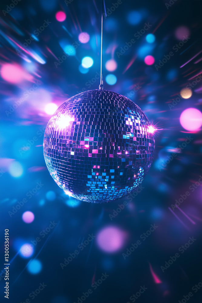 Obraz premium This dazzling close-up of a classic disco ball showcases its shimmering mirrored tiles reflecting an array of electric blues, purples, and pinks. 