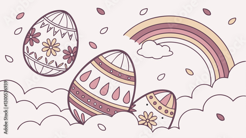 Whimsical Floating Easter Egg Sky Background with Colorful Patterned Eggs Drifting Among Soft Clouds, Golden Sunlight, Gentle Breeze, a Beautiful Rainbow, and Dreamy Pastel Colored Atmosphere