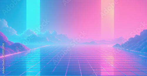 Retro vaporwave style gradient background pastel pink merging sky blue fine grainy noise texture abstract formations glowing neon grid reflections bright colorful desi