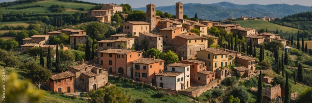 Picturesque Tuscan Village View. Rolling Hills and Historic Buildings Landscape from Italy with Trees Picturesque Tuscan Village View. Rolling Hills and Historic Buildings Landscape from Italy with Trees