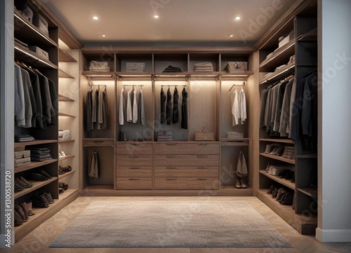 Luxurious walk-in closet with custom shelving and LED lighting ,  walkin closet,  led light,  organization