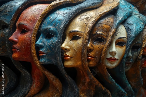 a dramatic portrait of a theatrical mask collection arranged in spiral formation with contrasting light and shadow each mask expressing different emotions and personalities