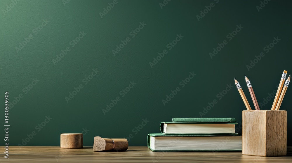 A simple desk setup with a pencil sharpener, eraser, and a stack of books, with a muted green chalkboard-colored background for a professional look. A simple desk setup with a pencil sharpener, eraser, and a stack of books, with a muted green chalkboard-colored background for a professional look.