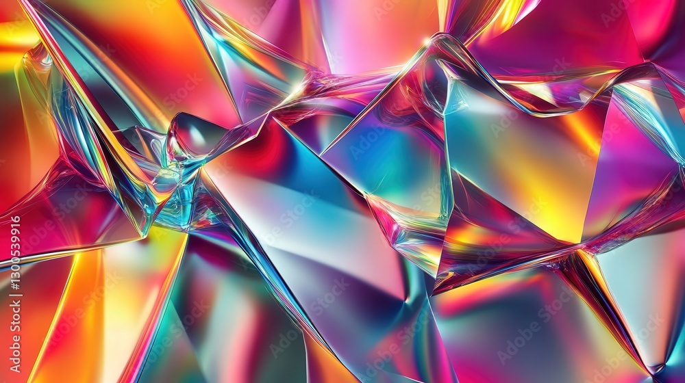 glassy iridescent pattern with smooth and sharp edges refracting light into multicolored, prismatic tones glassy iridescent pattern with smooth and sharp edges refracting light into multicolored, prismatic tones