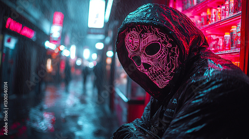 neon masked vigilante with glowing tattoos stands in rain, exuding mystery and intensity