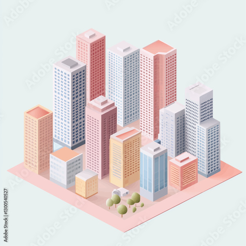 Minimalist isometric 3D buildings with flat shading, geometric lines, and pastel colors. A clean and modern vector composition