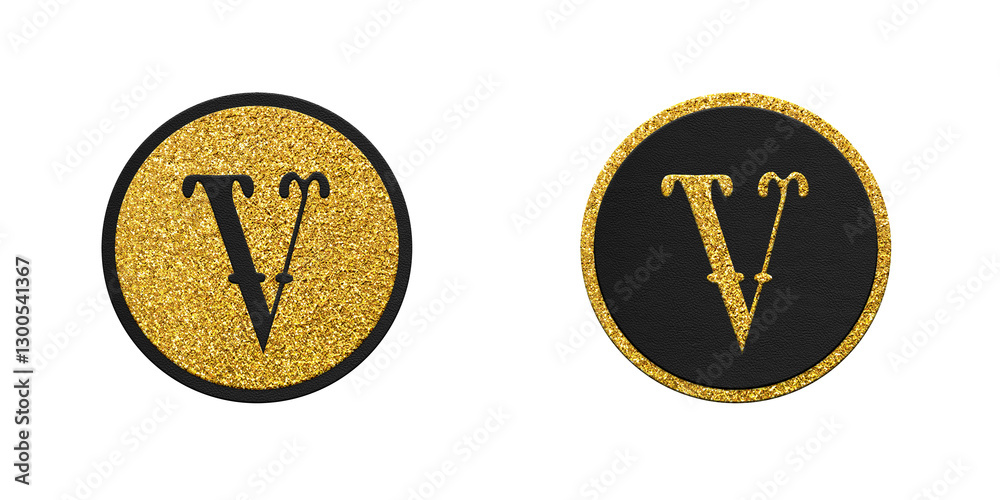 Golden Christmas Latin letter V. Bright round scrapbook tags set isolated Golden Christmas Latin letter V. Bright round scrapbook tags set isolated