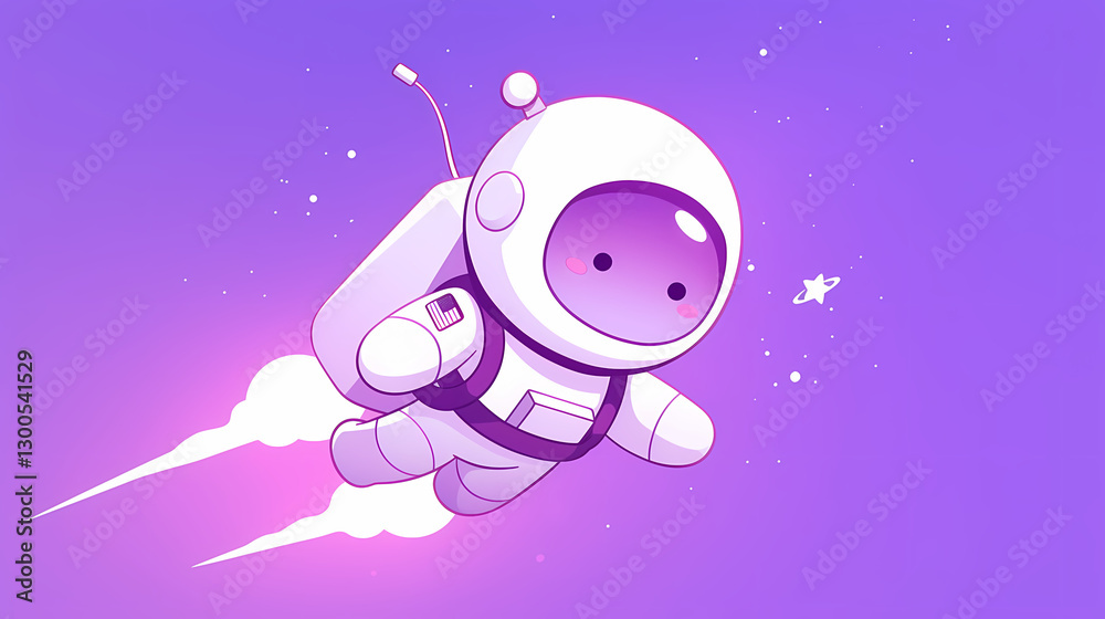 Fototapeta premium Cute cartoon astronaut flying through colorful space with stars in the background, representing adventure