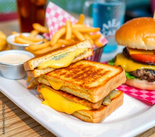 diner-style presentation of a Whataburger patty melt on a white plate with a red gingham napkin. The sandwich is sliced in half to reveal layers of melted cheese, beef, and onions, paired with a side photo