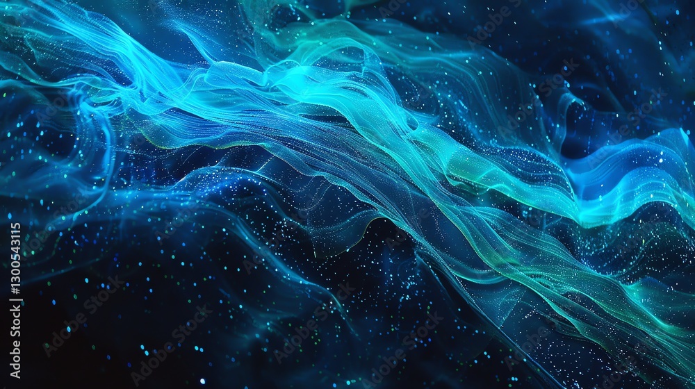 Fototapeta premium Abstract digital art of flowing blue and green light with glowing particles.