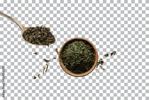 Loose Green Tea in Spoon and Bowl isolated on transparent background