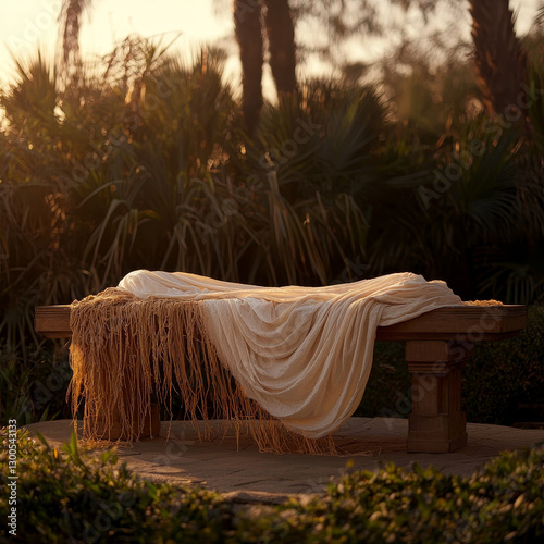 Sunset drapes a beige cloth over an ancient stone bench photo