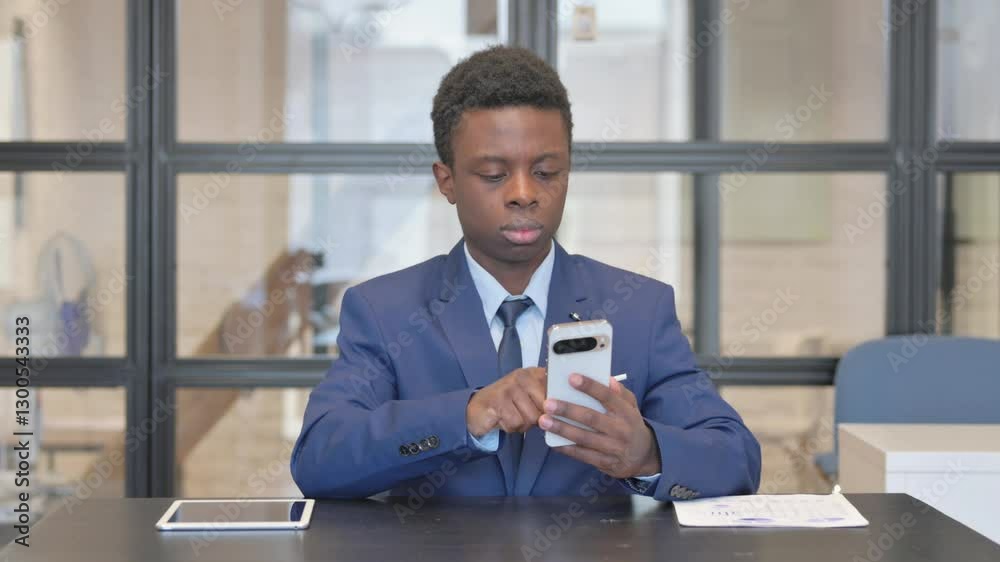 African Businessman Browsing Internet on Phone in Office African Businessman Browsing Internet on Phone in Office