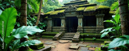 Ancient temple with moss-covered stones and lush tropical leaves, ancient, tropical, temple
