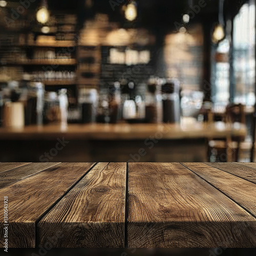 Rustic wooden tabletop, blurred cafe background photo