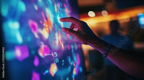 Software engineer uses a futuristic touchscreen interface displaying colorful data visualizations, charts, and graphs, suggesting innovation in data analysis and user experience